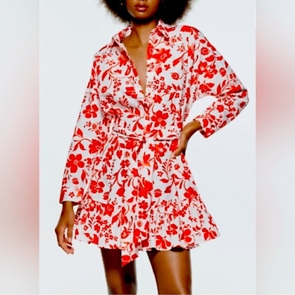 ZARA FLORAL PRINT DRESS Lapel collar dress with long sleeves Bloggers favorite - Picture 3 of 7
